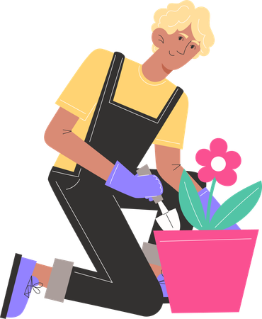 Young man sits and plants flowers in pots  Illustration