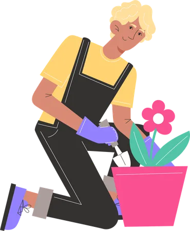 Young man sits and plants flowers in pots  Illustration