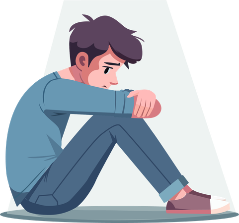 Young man sits hugging h knees in a sad or anxious mood  Illustration