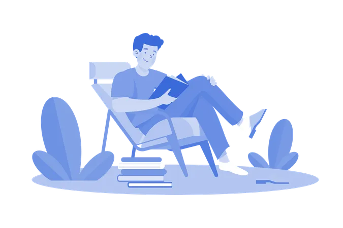Young Man Sits In An Armchair And Reads A Book Illustration