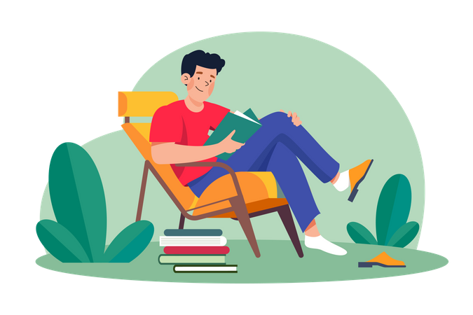 Young Man Sits In An Armchair And Reads A Book  Illustration