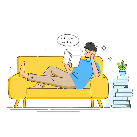 Young man sits in armchair and reads a book Illustration