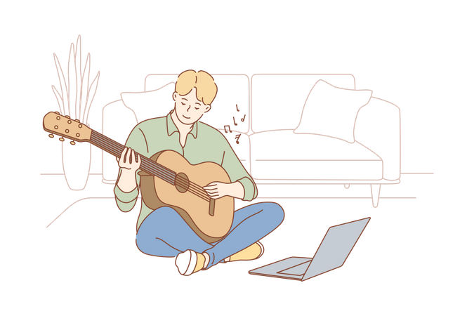 Young man sitting home with laptop watching video lesson and playing guitar  Illustration
