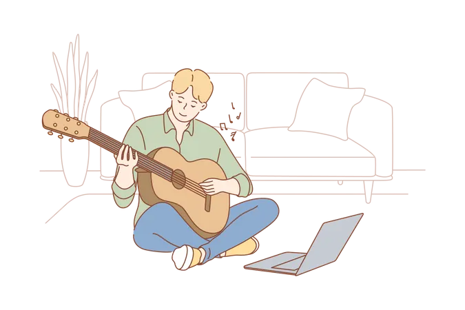 Education Creativity Learning Training Play Music Concept Young Man Guy Cartoon Character Sitting Home With Laptop Watching Video Lesson And Playing Guitar Creative Hobby And Leisure Activity Illustration