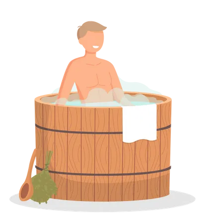 Young Man Sitting In Tub Washing His Body In Sauna Bathhouse Or Banya Isolated Guy In Barrel Is Resting In Sauna Male Character In Hot Steam Wellness Spa Procedures In Wooden Water Barrel Illustration