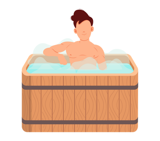 Young man sitting in tub washing his body in sauna  Illustration
