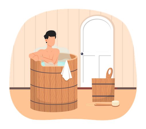 Young man sitting in tub washing his body in sauna  Illustration