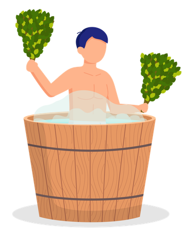 Young man sitting in tub washing his body in sauna  Illustration