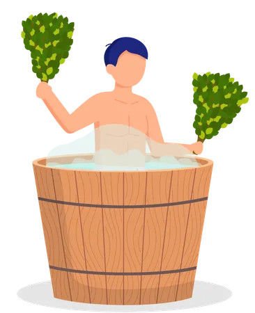 Young man sitting in tub washing his body in sauna  Illustration