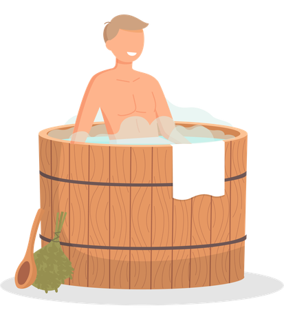 Young man sitting in tub washing his body in sauna  Illustration