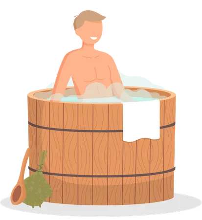 Young man sitting in tub washing his body in sauna  Illustration