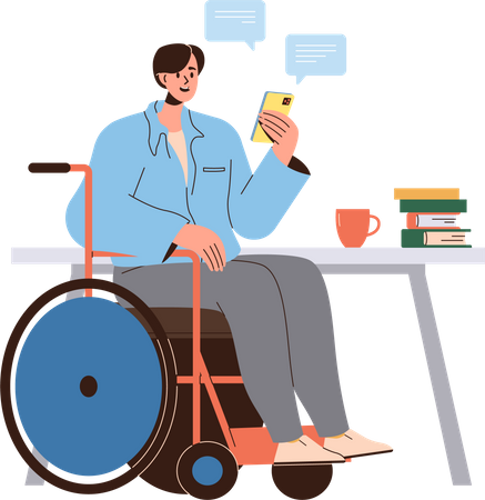 Young man sitting in wheelchair using mobile phone for online communication with friends  Illustration