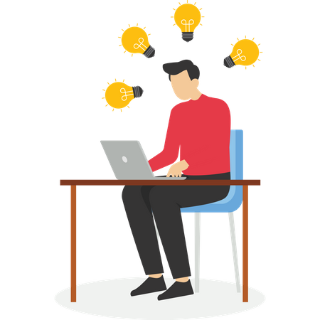 Young man sitting on a desk thinking about business idea  Illustration