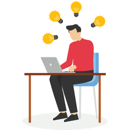 Young man sitting on a desk thinking about business idea  Illustration