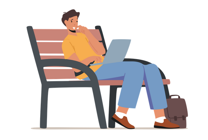 Young Man Sitting on Bench in Park with Laptop Illustration
