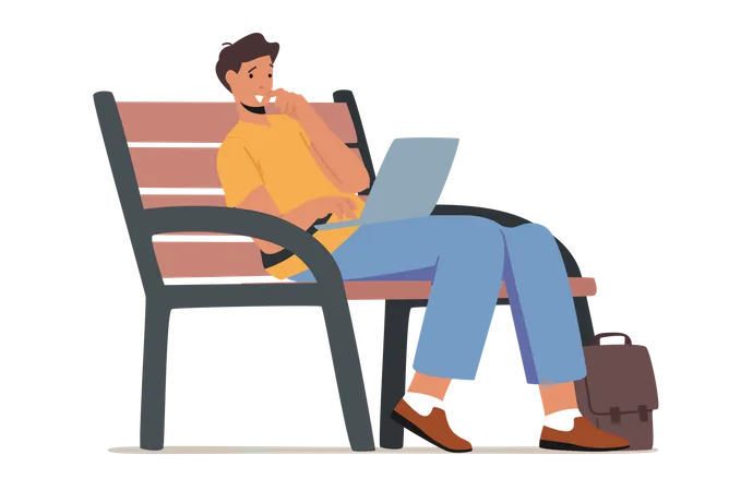 Young Man Sitting On Bench In Park With Laptop In Hands And Communicating Online In Internet Social Media Networking Freelancer Work Distantly Student Learn Classes Cartoon Vector Illustration Illustration
