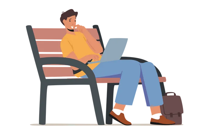 Young Man Sitting on Bench in Park with Laptop  Illustration