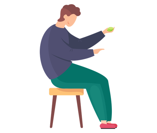 Young man sitting on chair and holding green coins in hands  Illustration
