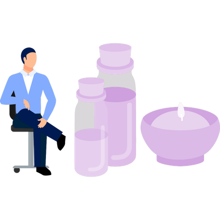 Young man sitting on chair and looking hair dye bottles  Illustration