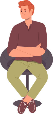 Young man sitting on chair with folded arms in waiting pose  Illustration