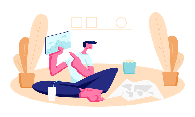 Young Man Sitting on Floor at Home with colddrink  Illustration