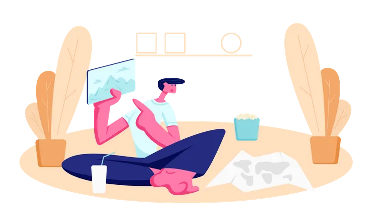 Young Man Sitting on Floor at Home with colddrink  Illustration