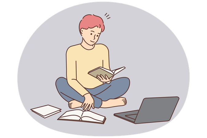 Young man sitting on floor study with books using laptop  Illustration