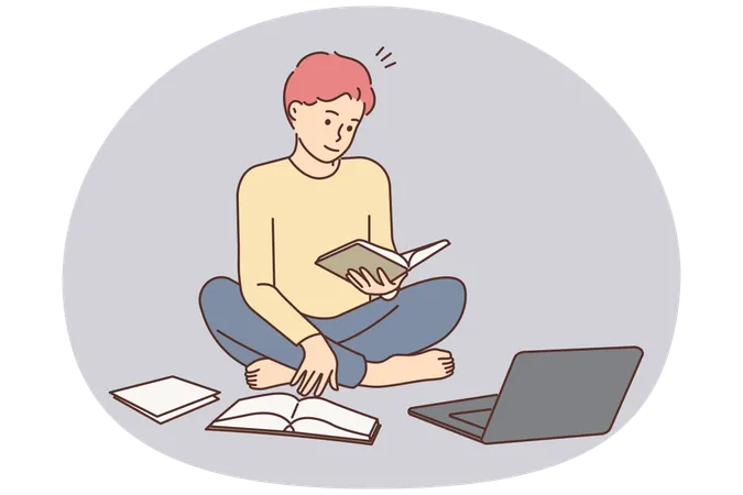 Young man sitting on floor study with books using laptop  Illustration