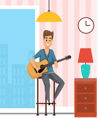 Young man sitting on high chair playing acoustic guitar Illustration
