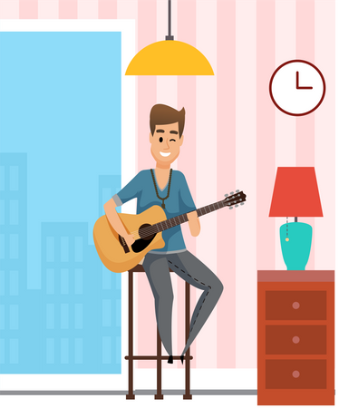Young man sitting on high chair playing acoustic guitar  イラスト
