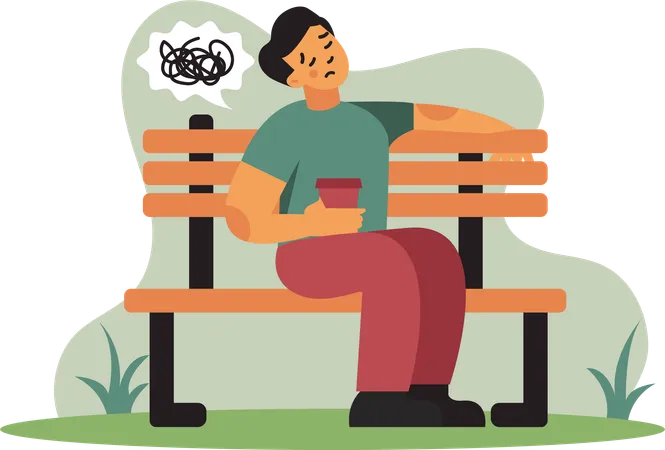 Young man sitting on park bench with lot on his mind  Illustration