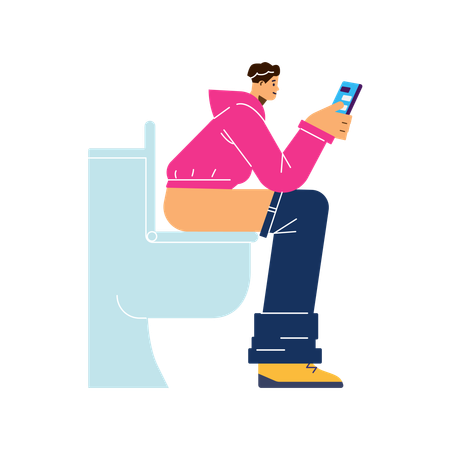 Young man sitting on toilet with phone  Illustration