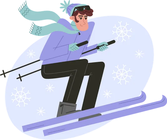 Young Man Skiing In Sportswear In Flat Style Illustration