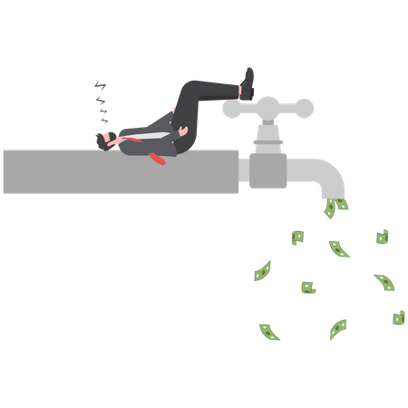 Young man sleeping at night on pipe faucet with money banknote flow  Illustration