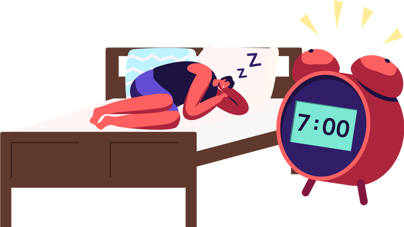 Young Man Sleeping on Bed and Ignoring Alarm Clock Ringing  Illustration