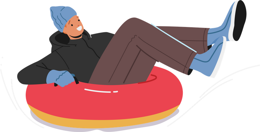Young Man Sliding Down Slope on Snow Tubing  Illustration