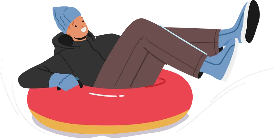 Winter Extreme Sport Activities Concept Young Man Sliding Down Slope On Snow Tubing Character Riding Downhill On Sleigh Active Outdoor Wintertime Fun Relax Cartoon People Vector Illustration Illustration