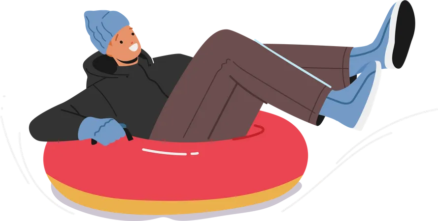 Young Man Sliding Down Slope on Snow Tubing  Illustration