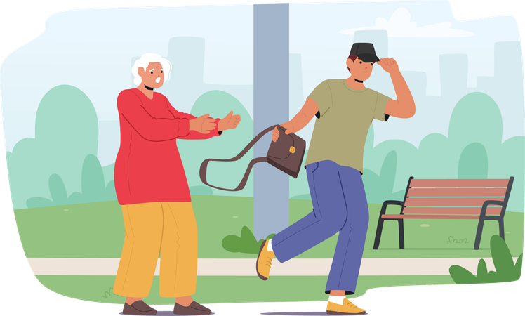 Young Man Snatching Purse From Elderly Woman In Park  Illustration