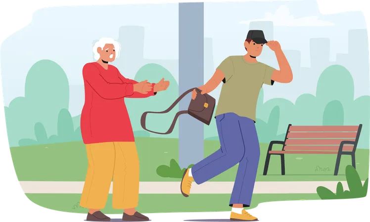 Young Man Snatching Purse From Elderly Woman In Park  Illustration