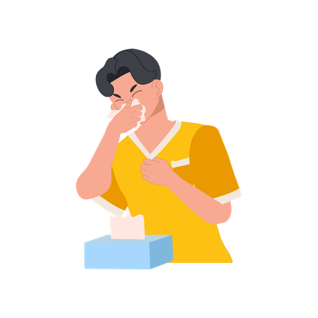 Young Man Sneezing With Tissue Paper Box  Illustration