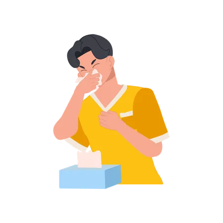 Young Man Sneezing With Tissue Paper Box  Illustration