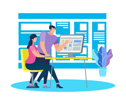 Handsome Young Man Stand At Desk With Computer Explaining Information To Sitting Girl On Blue Background With Outline Monitor Young People Work Or Study Together Cartoon Flat Vector Illustration Illustration