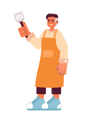 Young man stand with steel spatula  Illustration