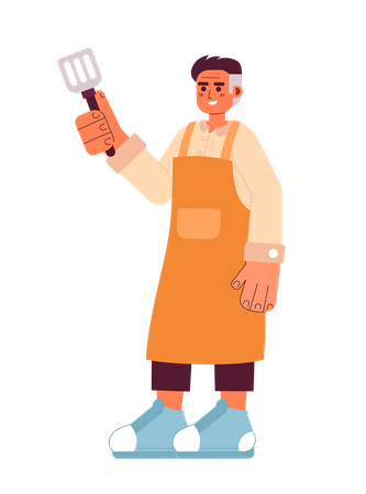 Young man stand with steel spatula  Illustration