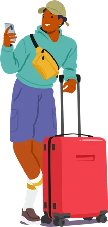 Young Man Stand With Suitcase And Phone In His Hands Concept Of Travel Adventure And Being On The Move For Travel Related Products Mobile Phones Or Luggage Brands Cartoon Vector Illustration Illustration