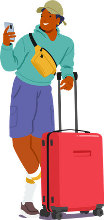 Young Man Stand With Suitcase And Phone In Hands  Illustration