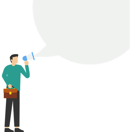 Young man standing and communicating via megaphone  Illustration