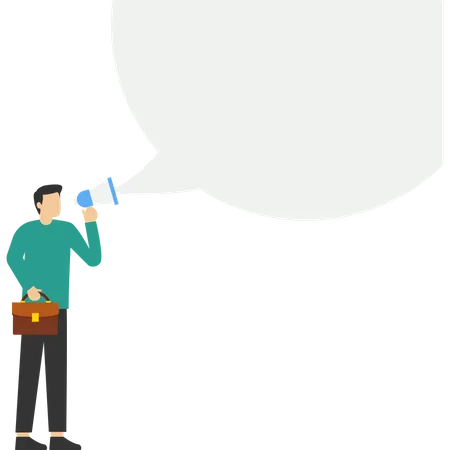 Young man standing and communicating via megaphone  Illustration