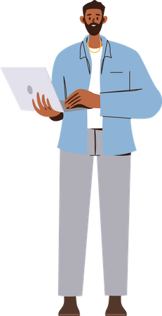 Young man standing and working on laptop  Illustration
